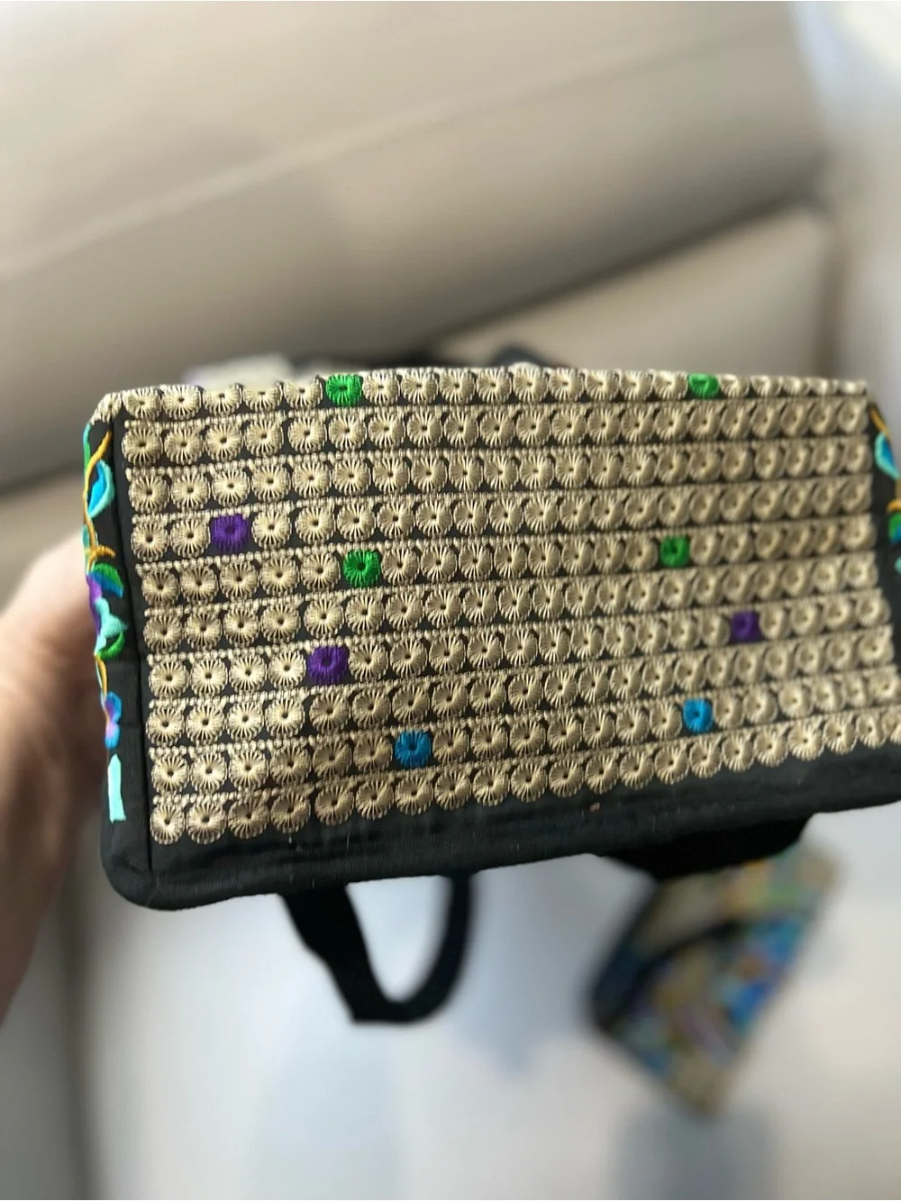 Embroidered Floral Mini Backpack - Black with Teal & Purple